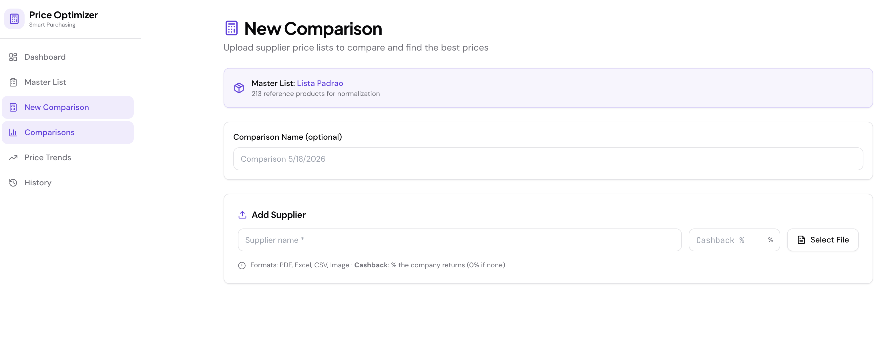 WorkManage new comparison page showing supplier list upload and AI extraction interface